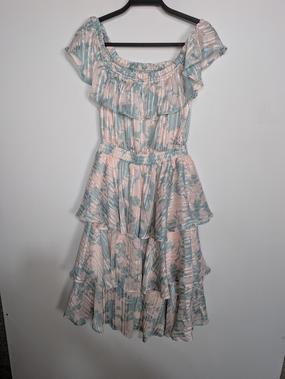 Lulus Garden Glam Teal Floral Off The Shoulder Tiered Mini Dress Size Small - Picture 5 of 8